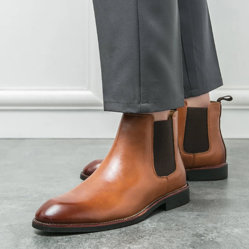 2025 Men's Fashion Chelsea Boots Classic Trendy Soft Leather Upper Non-Slip Rubber Sole Daily Casual Resistant Ankle Dress Boots