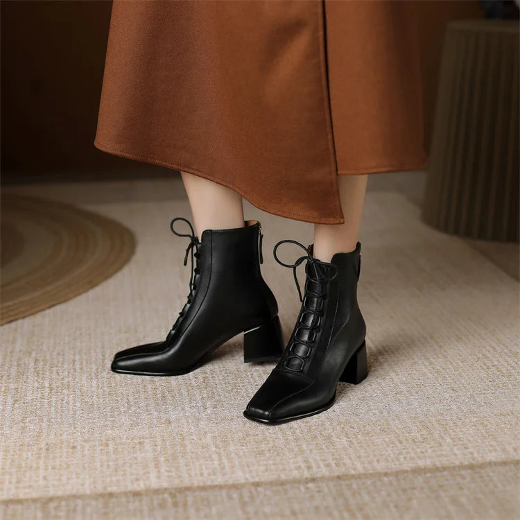 2026 Fashion Women Shoes Split Leather Short Boots Square Toe Chunky Boots Winter Shoes Women Solid High Heel Boots for Women