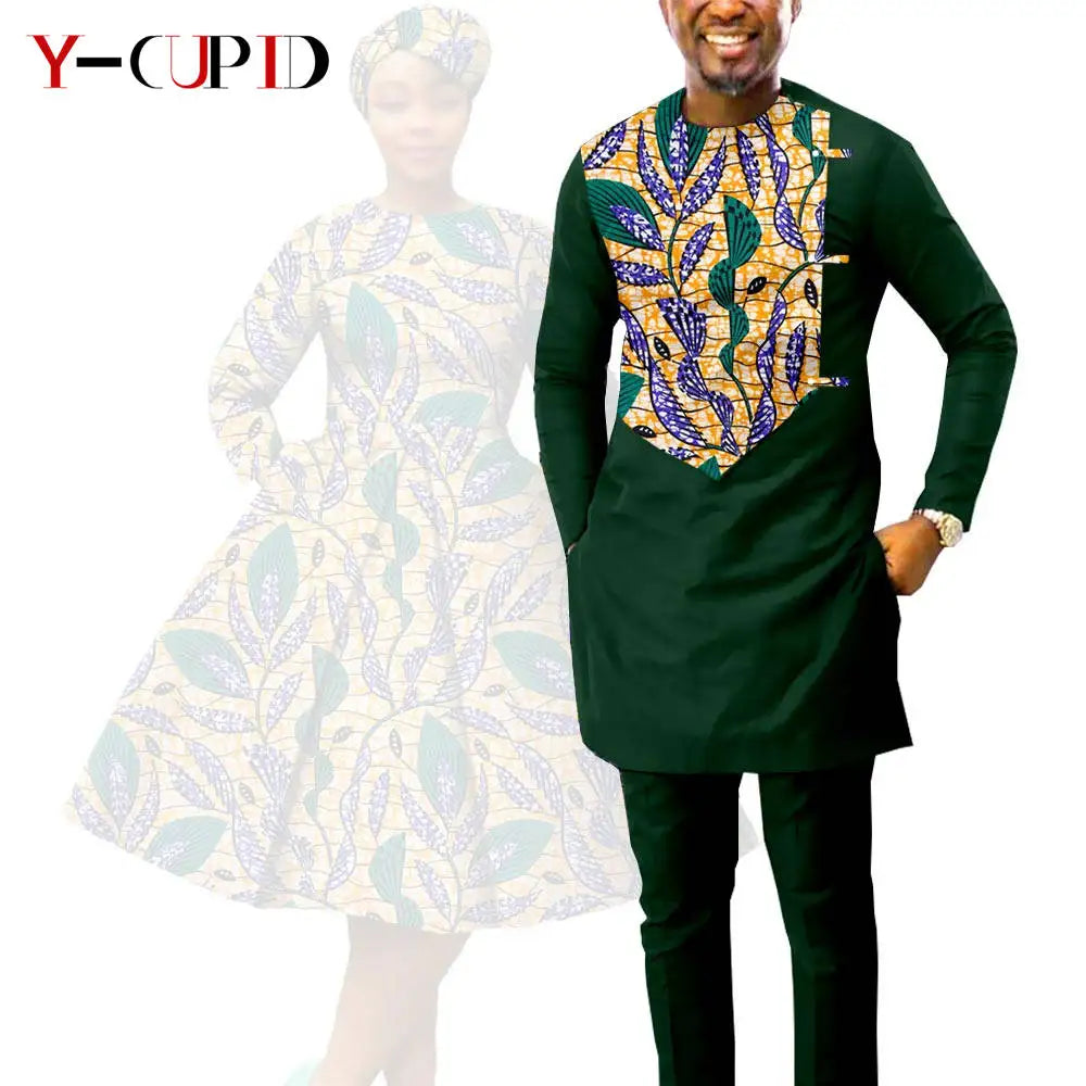 African Print Dresses for Women with Headwrap Matching Couple Outfits Dashiki Men Long Sleeve Pathwork Top and Pant Sets Y23C004