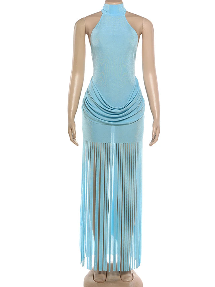 Weird Puss Velvet Halter Dress Women Ruched Patchwork Tassel Hem Backless Bodycon