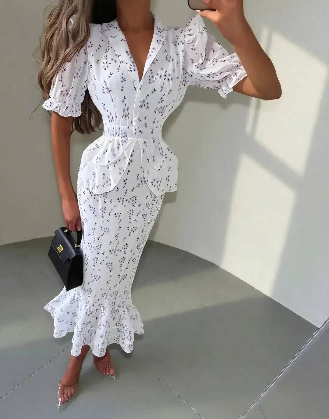 Women Elegant Printed V-neck Dress Chic Lapel Waist Cinched Pleated High Waisted Dresses 2026 Summer New Lady Vacation Gowns