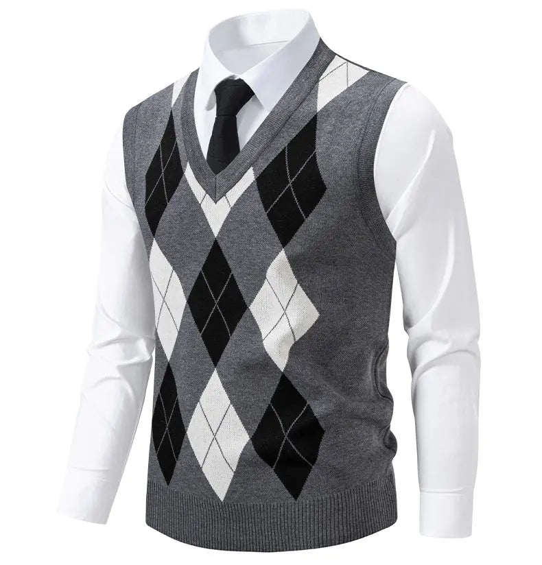 Mens Business Casual Knit Vest Classic Argyle Light Weight Knitwear Suit Vest Versatile Sleeveless Pullover Vests