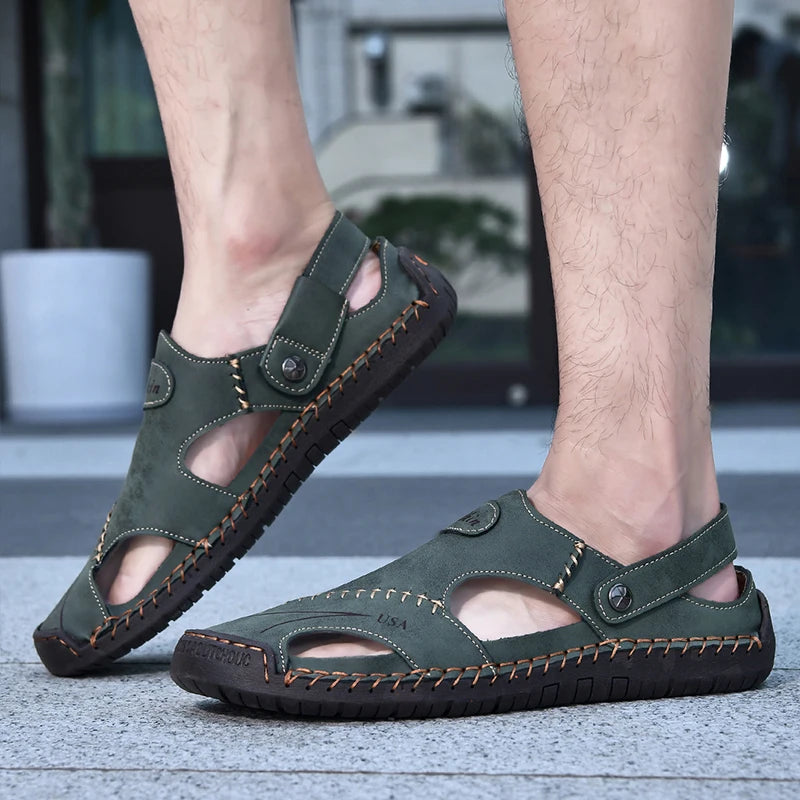 New Handmade Summer Sandals Men Breathable Leather Shoes Man Outdoor Men Sandals Antiskid Beach Sandals Hollow Shoes Footwear