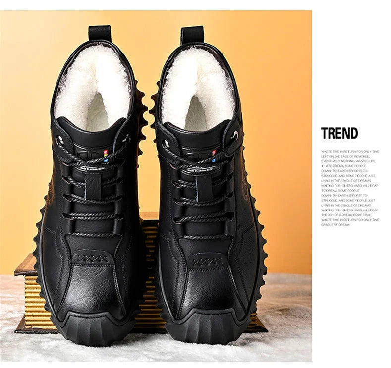 CINESSD New Warm Winter Velvet Men's Snow Boots Non-slip Men's Leather Boots Thick Bottom Dad Shoes