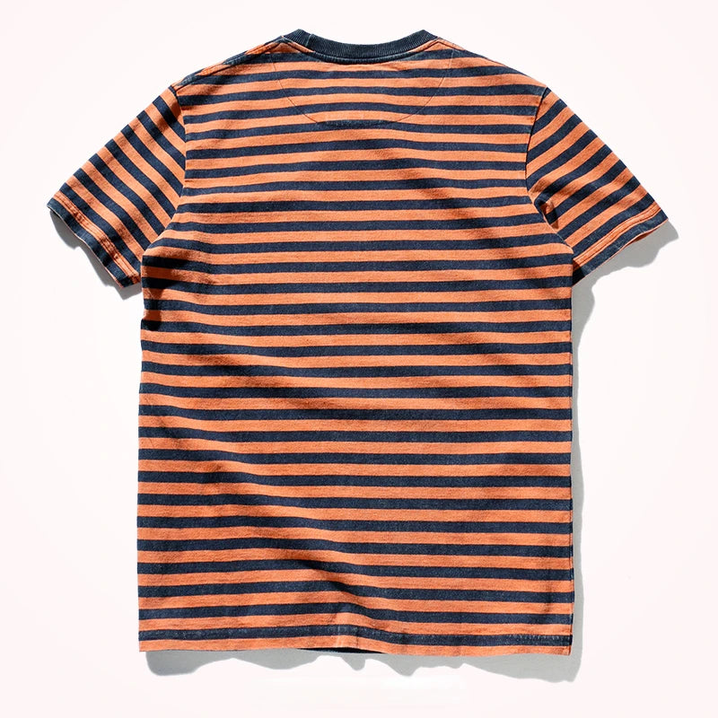 Striped T-shirt Men's Short Sleeve New Pure Cotton Slim Trend Simple Joker Round Neck Old Washed Short Sleeve T-shirt