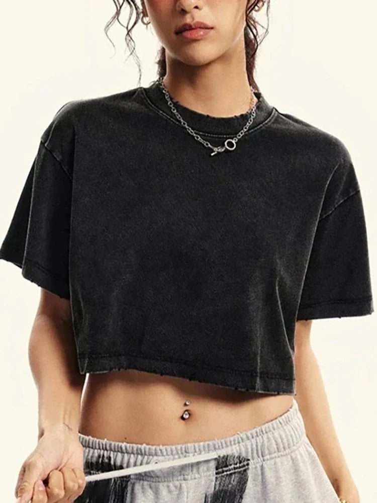 80 S Girl Colorfulprinting Female Washed Short Tshirt Breathable Summer T Shirt Casual Fashion Midriff-Baring Distress Tops