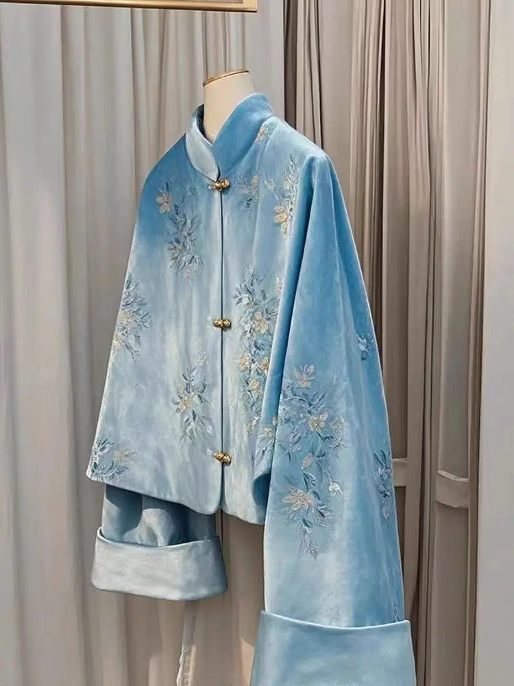 Winter Coat New Chinese Style Standing Collar Tang Suit Blue Embroidered Velvet Jacket Women Clothing Loose Short Coat Women Top