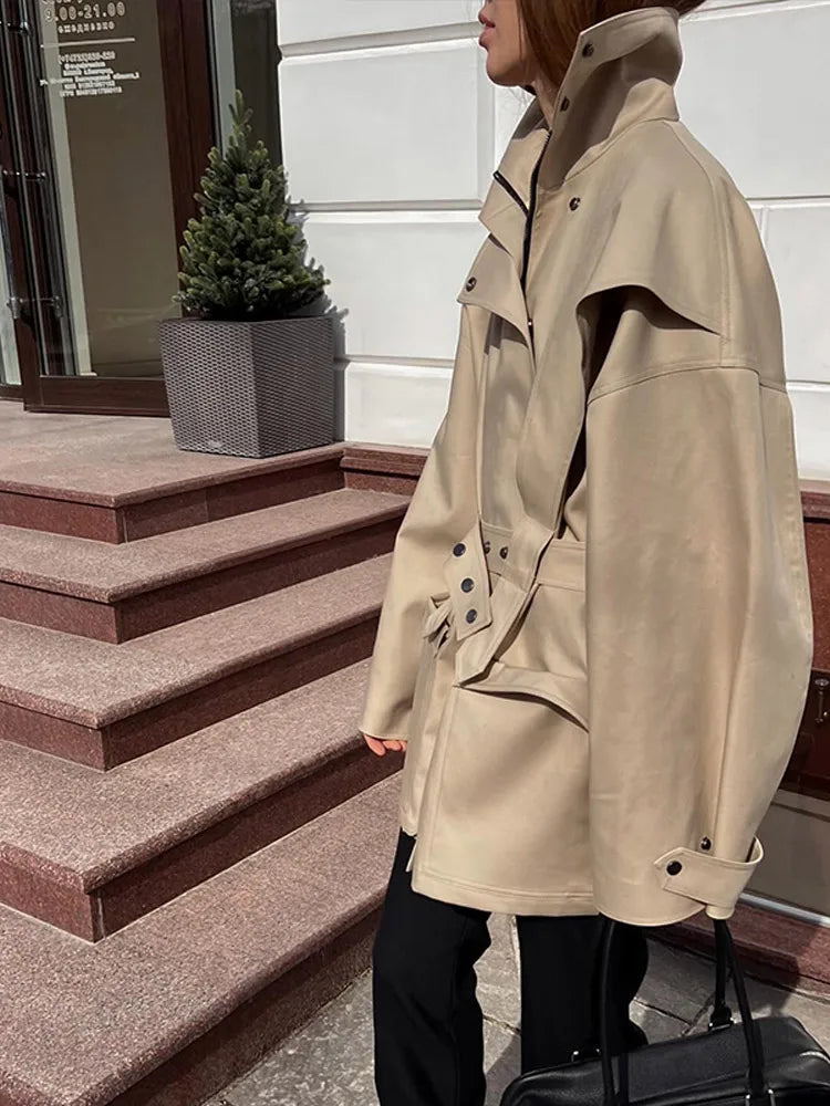 Solid Oversized Tie-waist Cropped Trench Coat Women Drop Shoulder Outerwear 2026 Lady Spring Modern Edgy Fashion Streetwear Coat