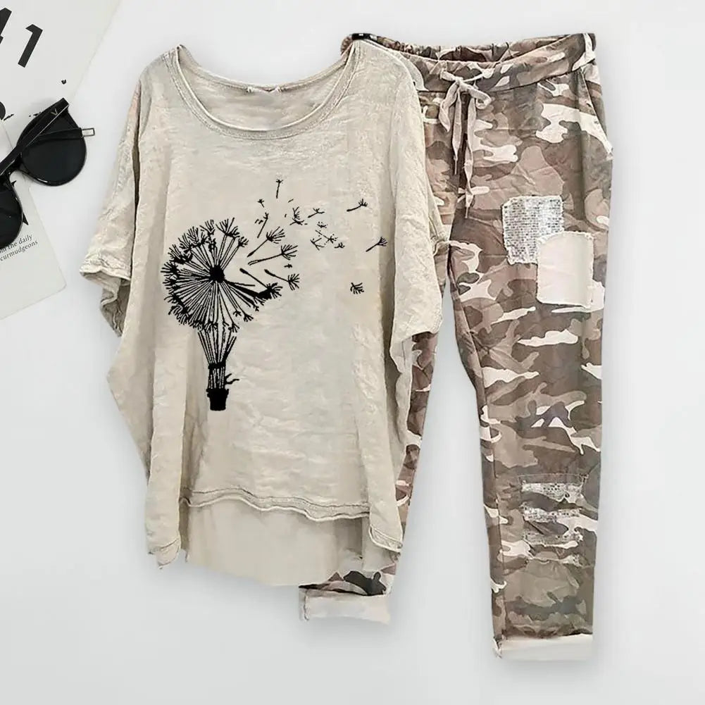 Trendy Women T-shirt Pants Set Half Sleeves Two Piece Suit Women Summer Outfit Plus Size Elastic Waist Sports Outfit
