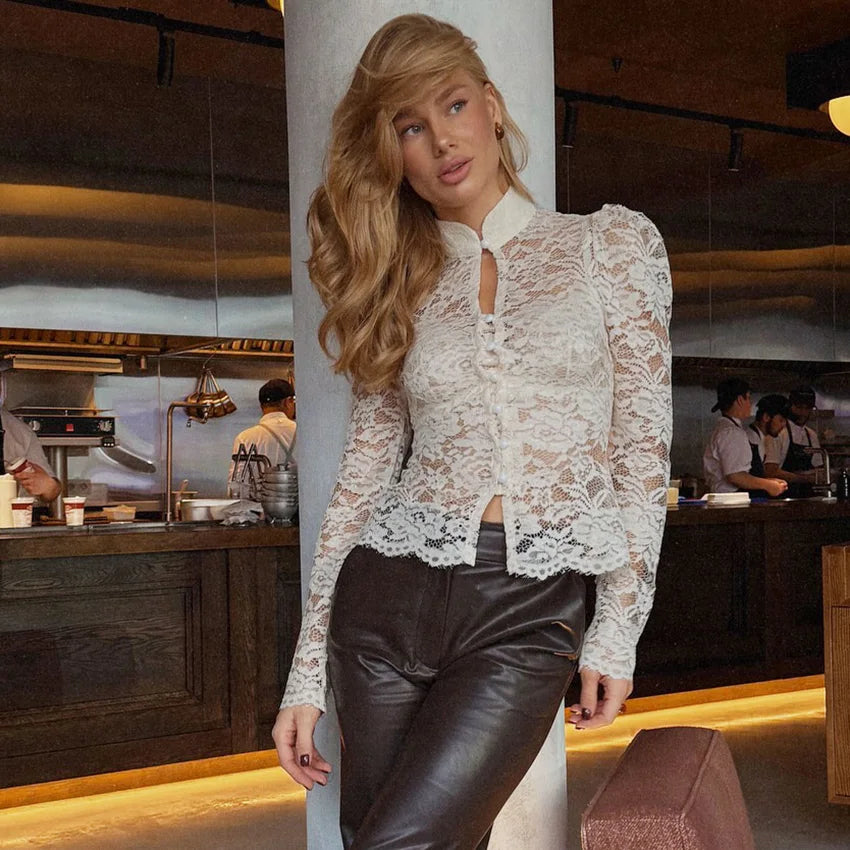 Linad Elegant Sheer White Embroidery Blouses Women Autumn Street Chic Lace Stand Collar Shirt And Blouse 2025 Casual Tops Female