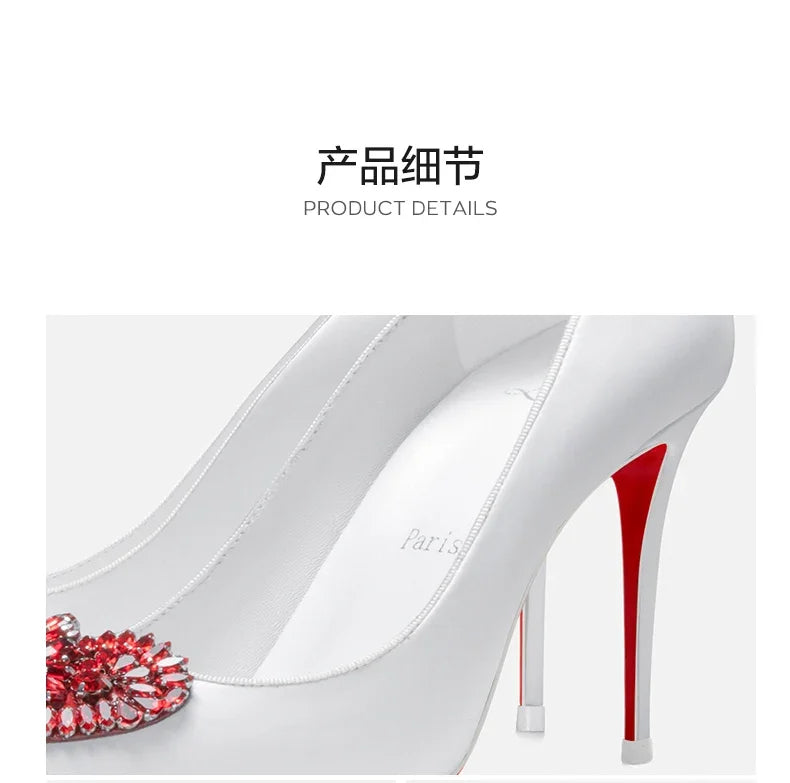 Red Bottom Love Water Diamond Shallow Mouth Pointed White High Heels, Women's Style Mingyuan Slim Heels