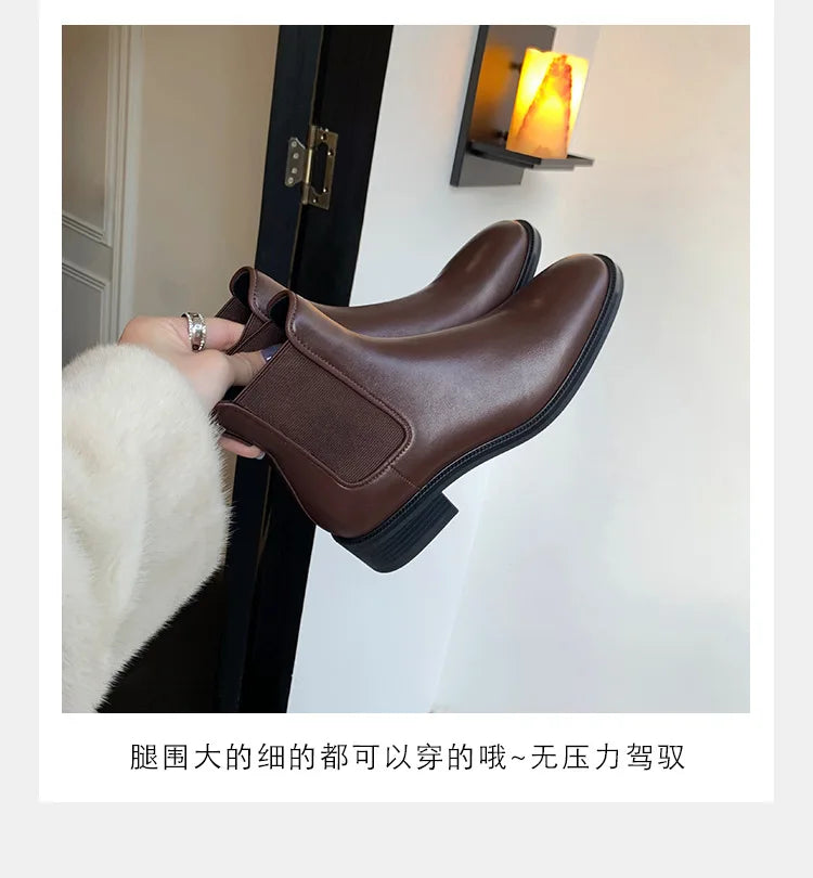 2026 Autumn/Winter Ankle Boots Women Basic Chelsea Botas Mujer Low Thick Heels Short Booties PU Leather Slip On Stretch Botines