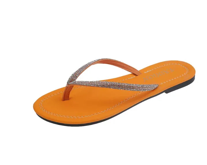 Lady New Luxury Crystal Thongs Shoes Flats Summer Flip Flops For Girls Outdoor Simple Leisure Slippers In Gold Silver 35-43 25cm
