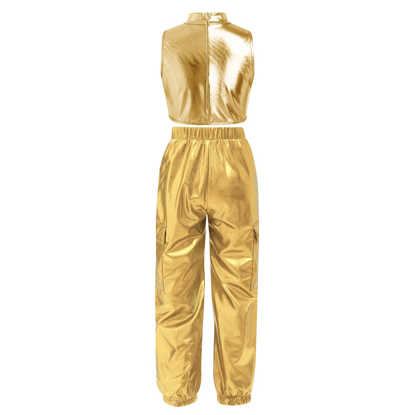 Kids Girls Disco Jazz Hip Hop Dance Outfit Sleeveless Shiny Sequin Ruffle Crop Top with Metallic Pants School Show Party Costume