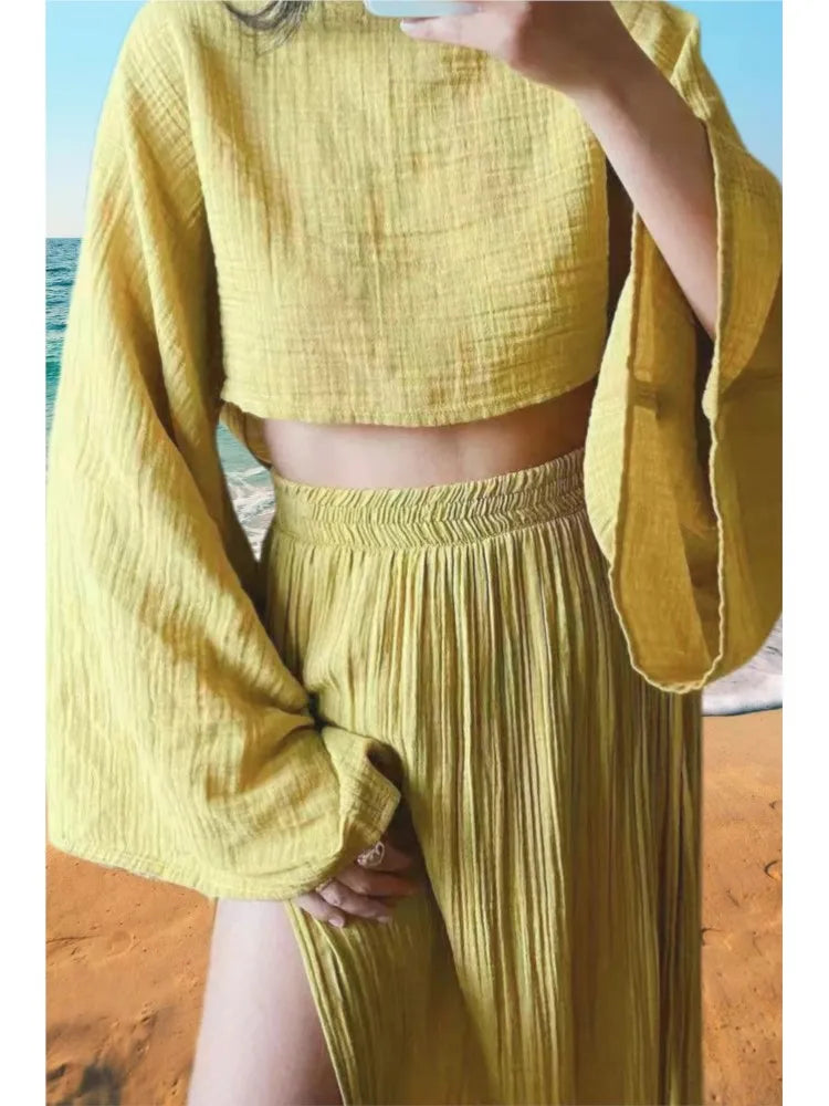 Casual Holiday Style Simple Solid Color Skirt Set Linen Blended Short Top High Waist Chic Split Cotton Linen Two-piece Set