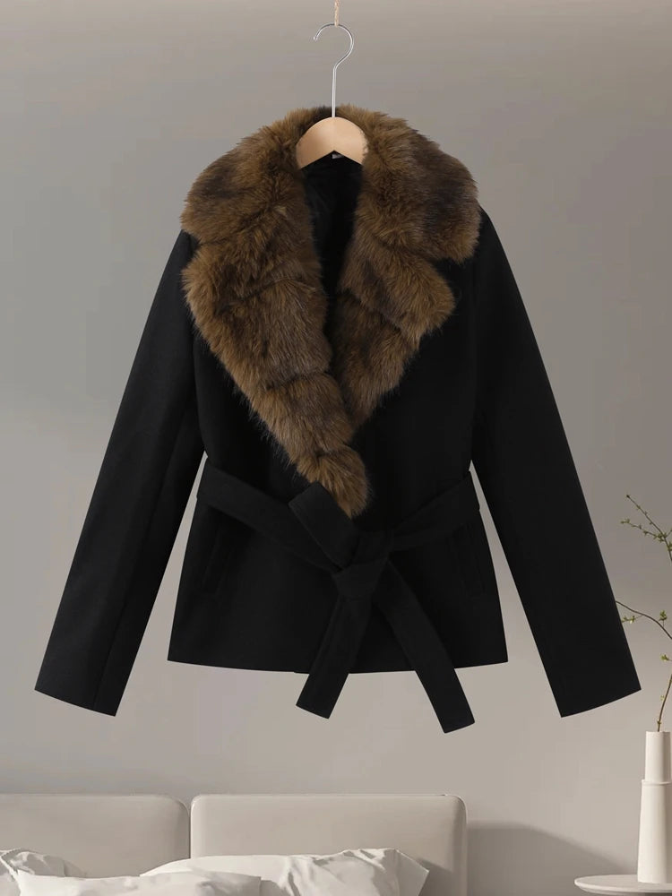 Faux Fur Collar Lace Up Woolen Overcoat Women Elegant Full Sleeve Waist Cinching Autumn Winter Bomber Coats Chic Lady Outerwears