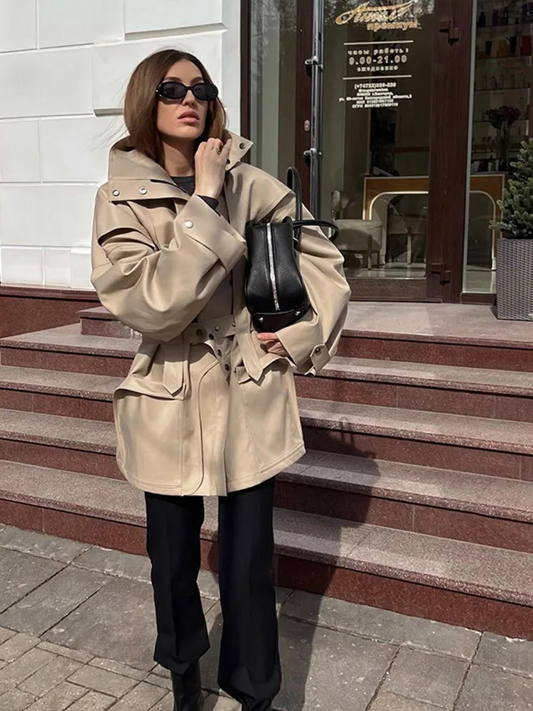 Solid Oversized Tie-waist Cropped Trench Coat Women Drop Shoulder Outerwear 2026 Lady Spring Modern Edgy Fashion Streetwear Coat