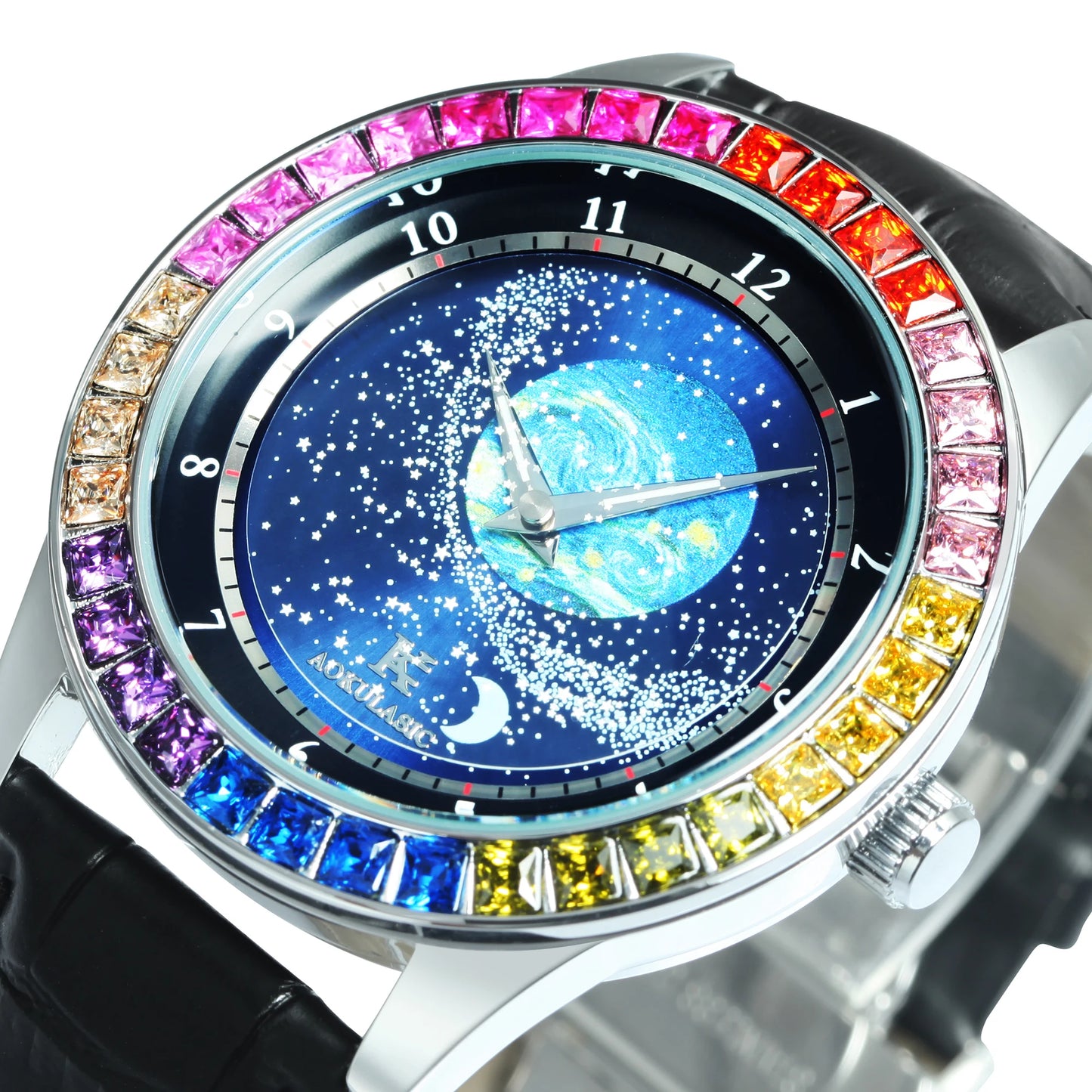 Fashion Starry Sky Luminous Mechanical Watch for Men Leather Steel Strap Luxury Brand Business Automatic Mens Watches AOKULASIC