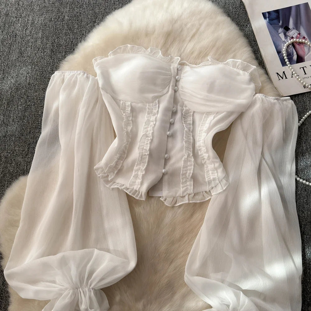 Chiffon Blouse for Women Slash Neck Off Shoulder Solid Color Camisas Ruffles Folds Backless Summer Blusas De Mujer Chic Dropship