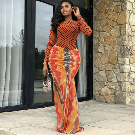 New African Fashion Sexy Women Dress 2026 Spring Autumn Slim Full Sleeve Dot Printed Mesh Patchwork Bodycon Long Dress