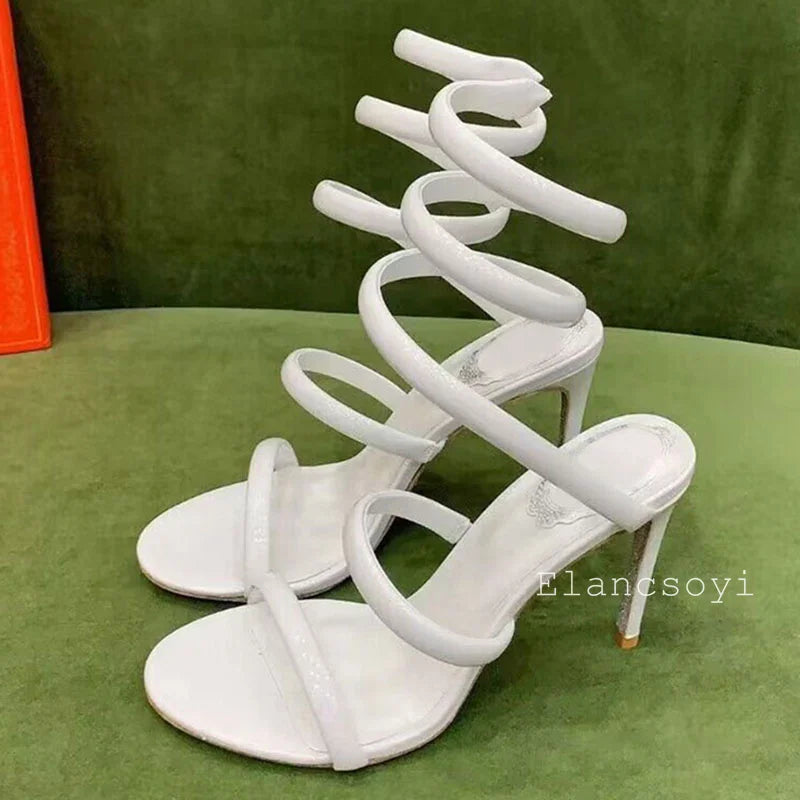 Sexy Thin Heels Sandals Summer Women Real Leather Ankle Snake Shaped Winding Banquet Shoes Summer High Heels Gladiator Sandalias