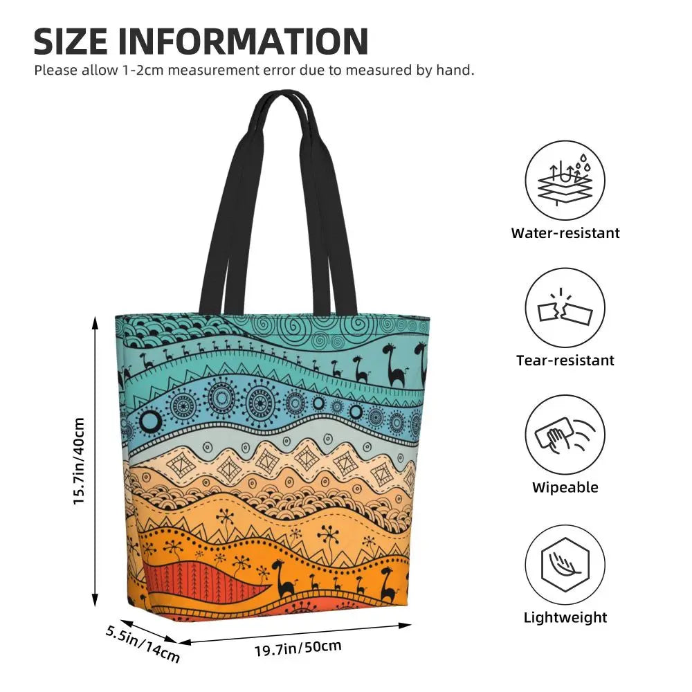 African Ankara Prints Grocery Shopping Tote Bags Women Geometric Ethnic Art Canvas Shoulder Shopper Bags Big Capacity Handbag