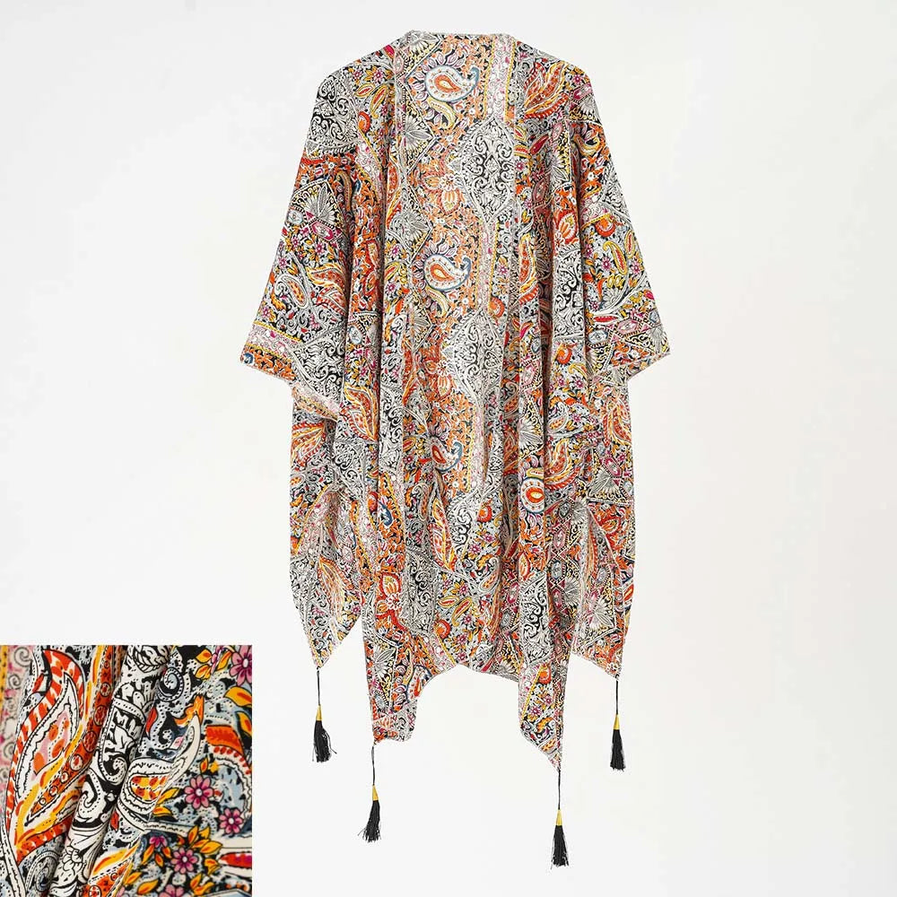 Fashion Vintage Paisley Bikini Cover Ups Summer Chiffon Cardigan Cape Women Beach Swimsuit Sun Protection Smock Loose