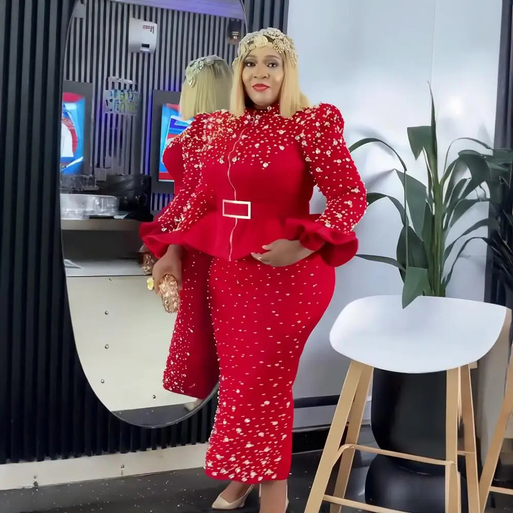 Fashion Suit African Dresses for Woman Rhinestone Turkey Dresses for Women Luxury High Quality Mesh Fabric African Beaded Dress