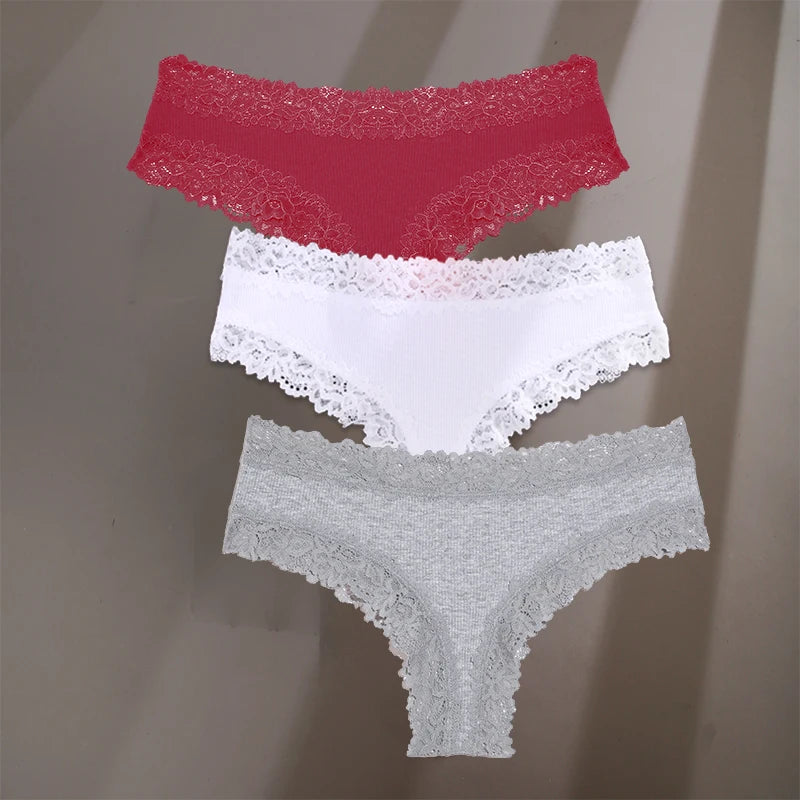 3Pcs/Set Sexy Lace Briefs Cotton Panties Women's Fashion 7 Solid Color Comfortable Briefs Low Waist Underpants Stretch Underwear