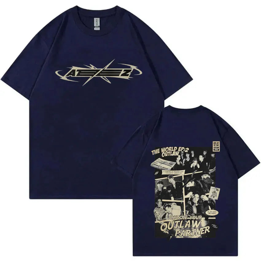 Hot Korean Kpop ATEEZ The World Ep: 2 Outlaw T-shirt 2025 World Tour Towards The Light Will To Power Tshirt Male Fashion Tees