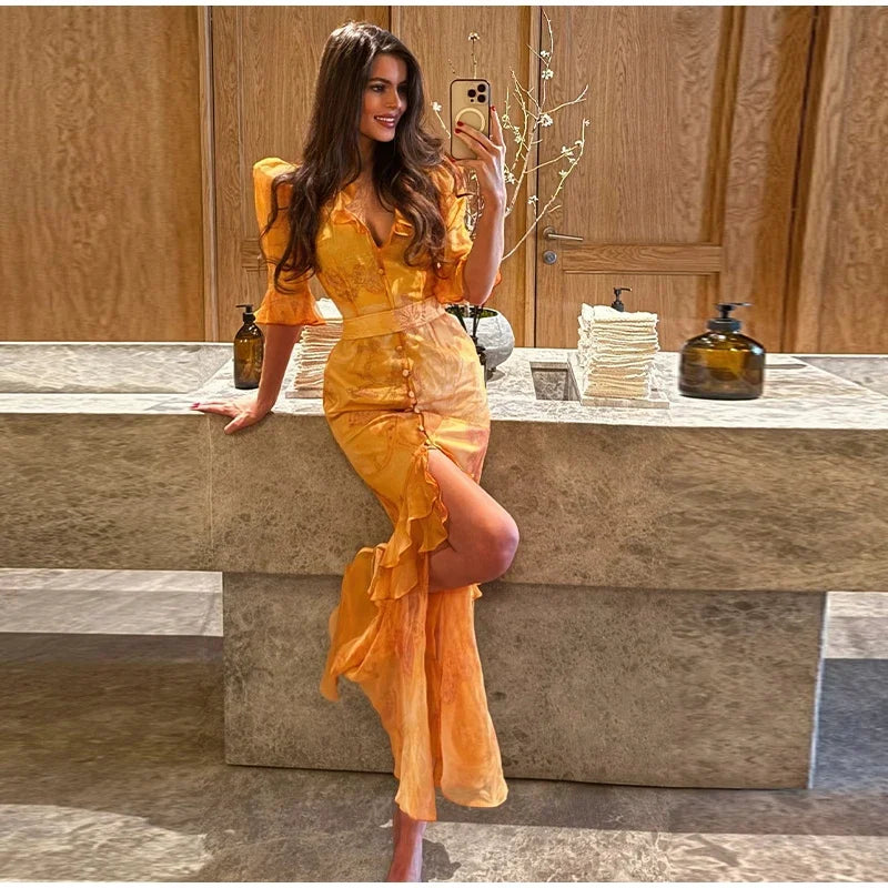 V Neck High Split Half Sleeve Slim Long Dress Print Waist Cinching Ruffle Hem Maxi Robes 2026 Women Party Vacation Vestidos
