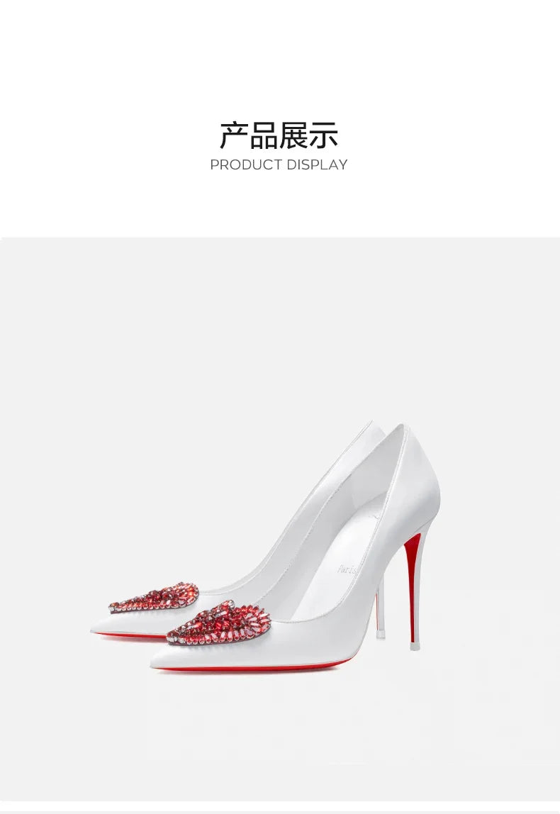 Red Bottom Love Water Diamond Shallow Mouth Pointed White High Heels, Women's Style Mingyuan Slim Heels