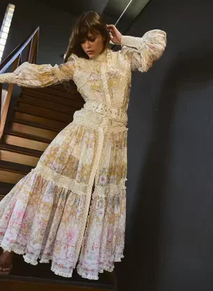Vintage Print High Neck Midi Dress Belted Waist Bell Sleeve Flared Hem 2026 Summer Spring Chic Women Elegant Wedding Guest Gown