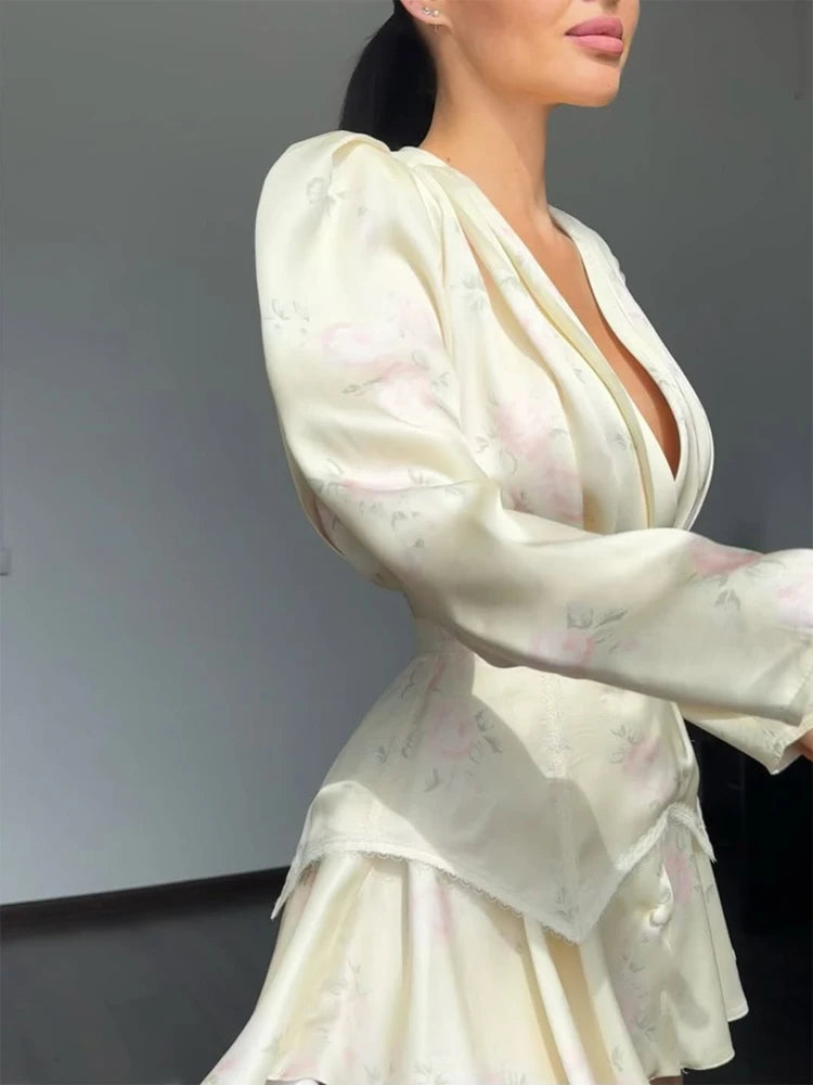 Elegant Floral Printed Waist-cinched Mini Dress Women Pleated Deep V-neck Long Sleeve Button-front Dresses Fashion Party Robe