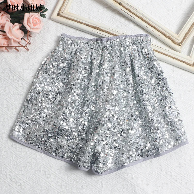 Women's Sexy Sequined Shorts High-waisted Wide-leg Pants Elastic-waisted Casual Hot Pants