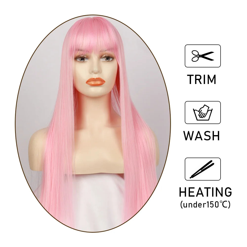New light pink synthetic wig for long straight hair for party, Halloween cosplay, daily use, high-temperature hair accessory