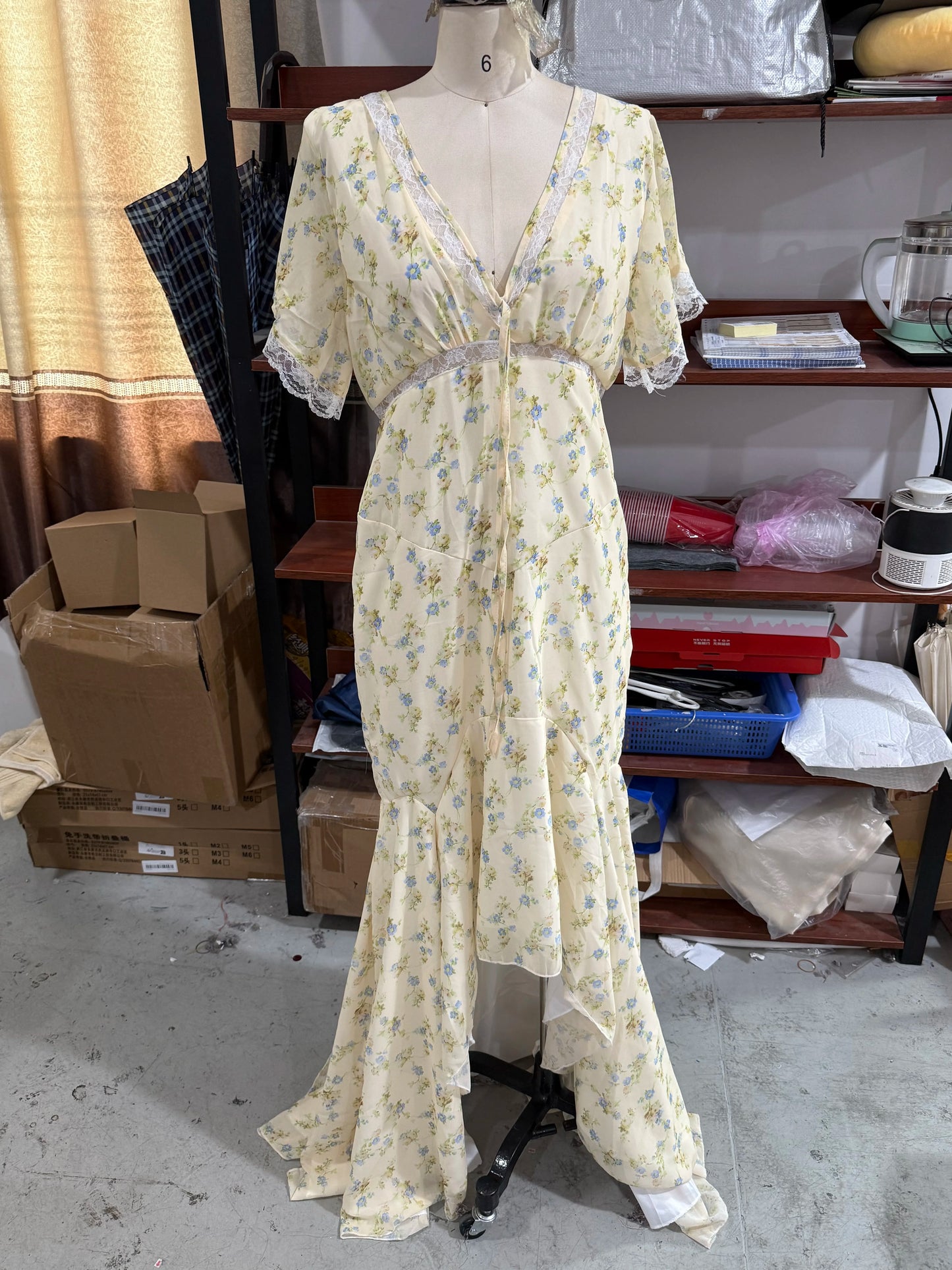 Vintage Print High Neck Midi Dress Belted Waist Bell Sleeve Flared Hem 2026 Summer Spring Chic Women Elegant Wedding Guest Gown
