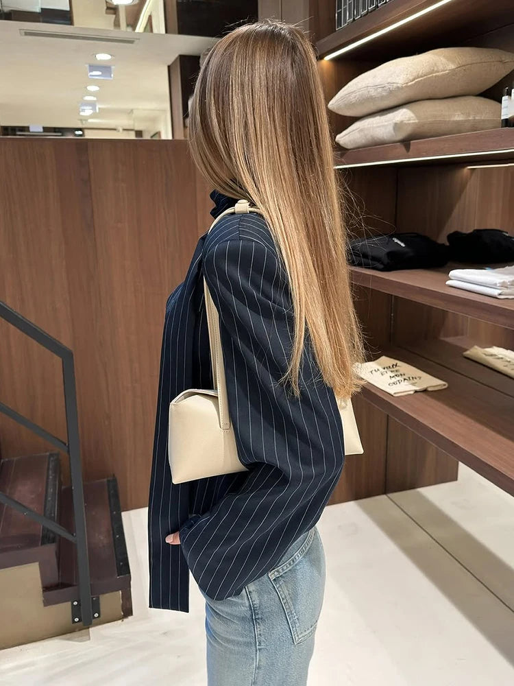 Taruxy Striped Print Vneck Ribbon Suit Coat For Women Long Sleeve Office Blazer
