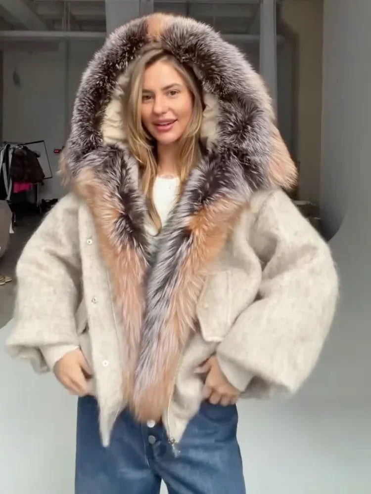 Chic Faux Fur Collar Patchwork Woolen Coat Women Casual Lapel Full Sleeve Zipper Loose Warm Coats Lady Commute Office Outerwears