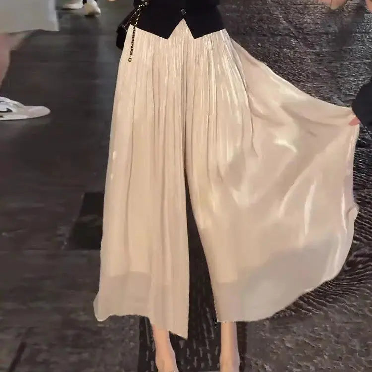 Summer Flowing Ice Silk Wide Leg Pants Women's plus Size Slimming Miniature Eighteen Skirt Pants High Waist Straight Leg Pants