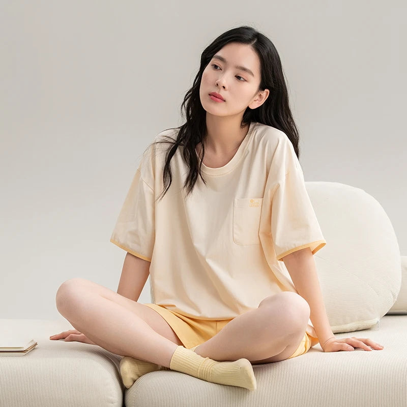 Couple Pajamas Set Summer Short-Sleeved Sleepwear 100% Cotton Men and Women Pyjamas