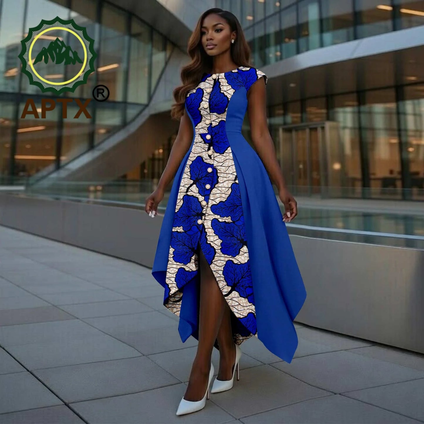 African Dress for Women Ankara Print O-Neck Short sleeve Ankle-Length Patchwork Asymmetrical Dress Dashiki Casual Party