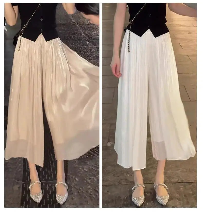 Summer Flowing Ice Silk Wide Leg Pants Women's plus Size Slimming Miniature Eighteen Skirt Pants High Waist Straight Leg Pants