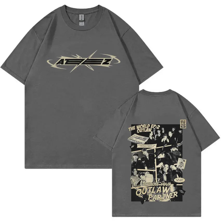 Hot Korean Kpop ATEEZ The World Ep: 2 Outlaw T-shirt 2025 World Tour Towards The Light Will To Power Tshirt Male Fashion Tees