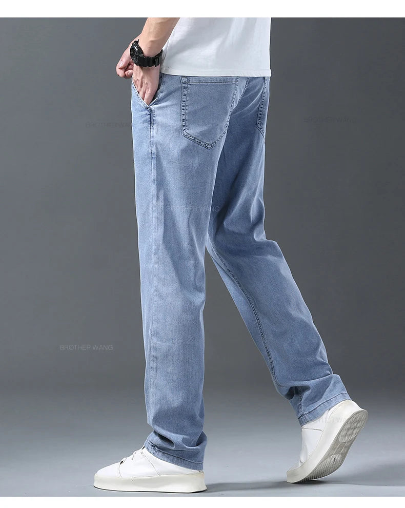 Lyocell Ice Silk Jeans Men's Summer Ultra-thin Loose Straight Denim Pants Soft Comfortable Brand Male Light Blue Trousers