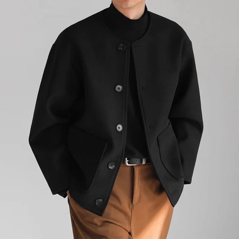 Korean Style Popular Double Side Jackets for Men Light Luxury Solid Fashion Button-up Neckless Woolen Coats Men Leisure Jackets