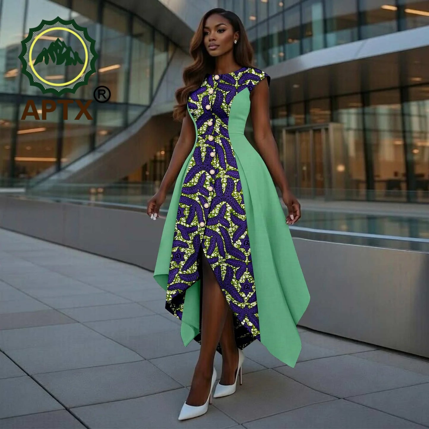African Dress for Women Ankara Print O-Neck Short sleeve Ankle-Length Patchwork Asymmetrical Dress Dashiki Casual Party