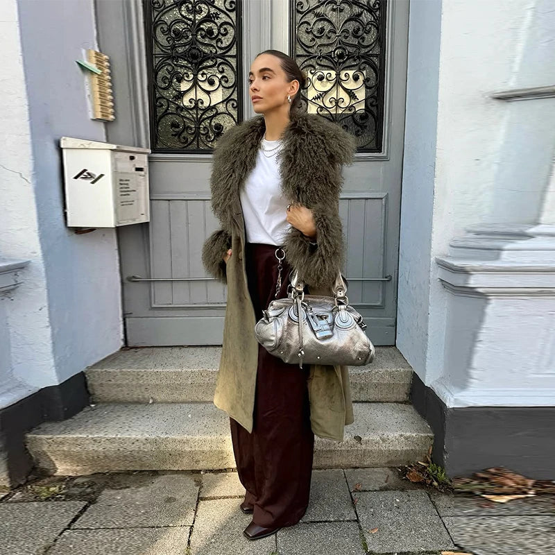 Vintage Patchwork Women's Faux Fur Trim Coat Urban Lapel Full Sleeve Female Jacket Female 2026 Autumn Winter Lady Streetwear New