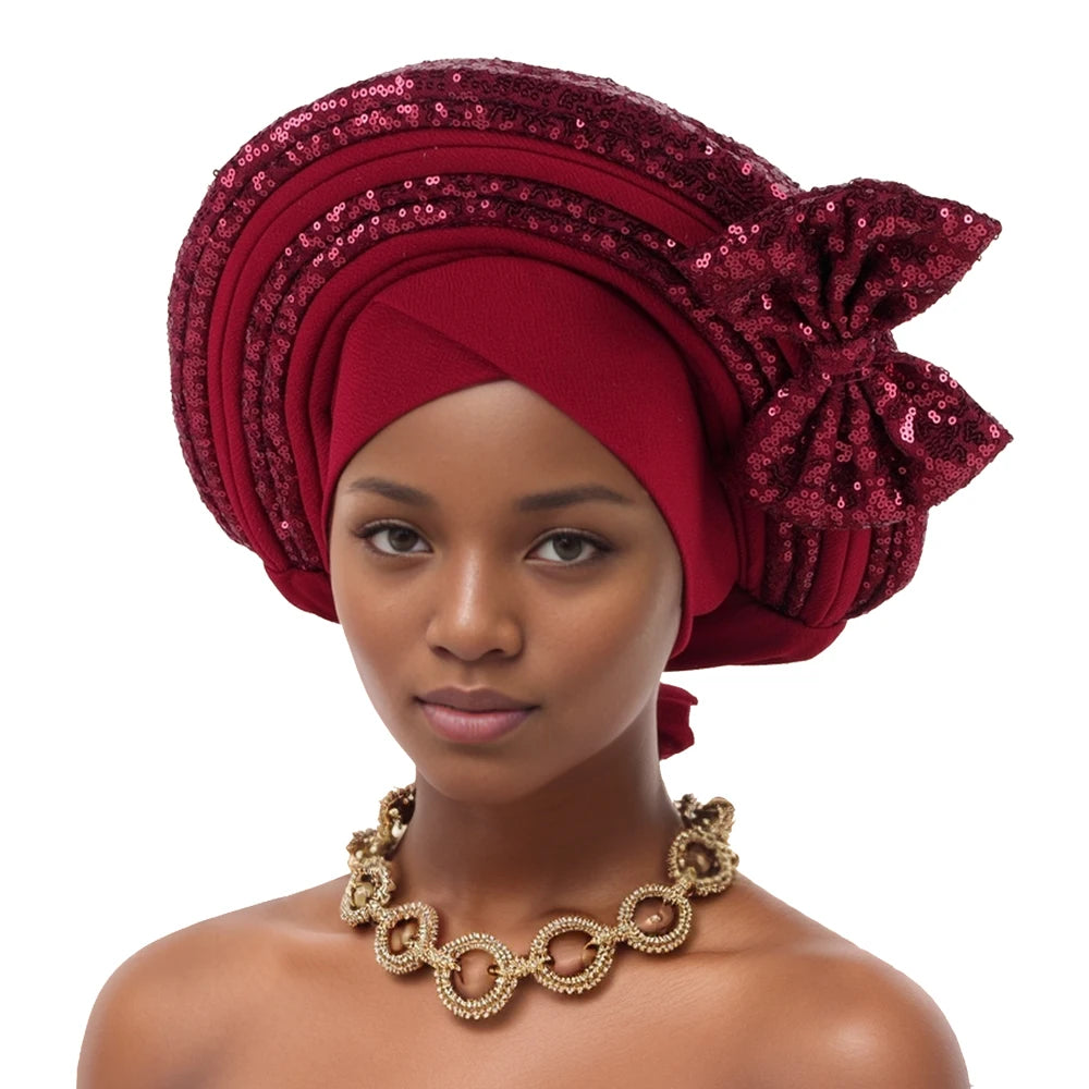 Sweet Bowknot Auto Gele Headtie for Women African Head Wraps Lady Party Headpiece Female Sequins Turban Cap