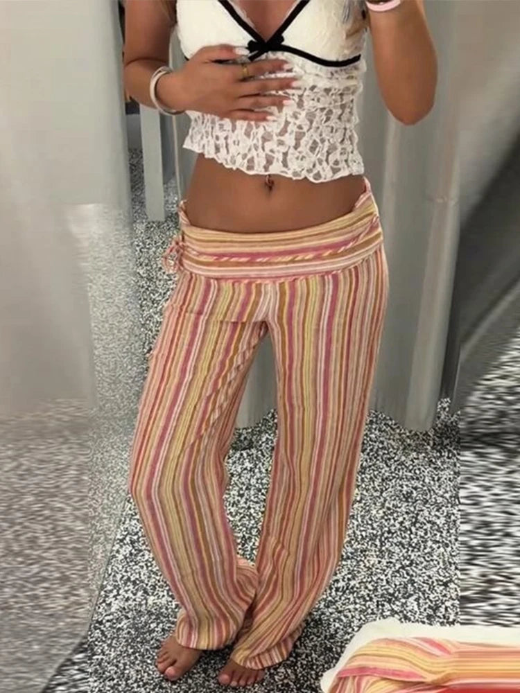 Pants Leg Stripe Women Trousers Adjustable Waist Wrap Loose Summer Floor Length Boho Palazzo Trousers Women Outfit For Women